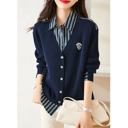Women Striped Shirt Faux Layer Two Piece Blouse Casual Chic by zapcart