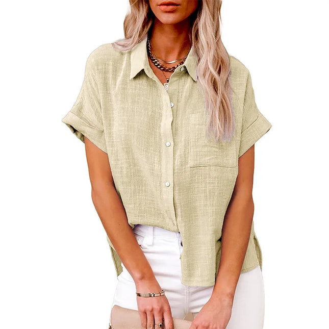 Women's Cotton Linen Blouse Loose Fit Short Sleeve Summer by zapcart