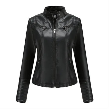 Bright Red PU Leather Jacket For Women Slim V Neck Coat by zapcart