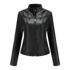 Bright Red PU Leather Jacket For Women Slim V Neck Coat by zapcart