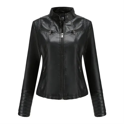 Bright Red PU Leather Jacket For Women Slim V Neck Coat by zapcart