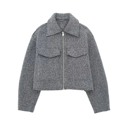TRZA Women Cropped Jacket Patch Pockets Flaps Front Zipper by zapcart