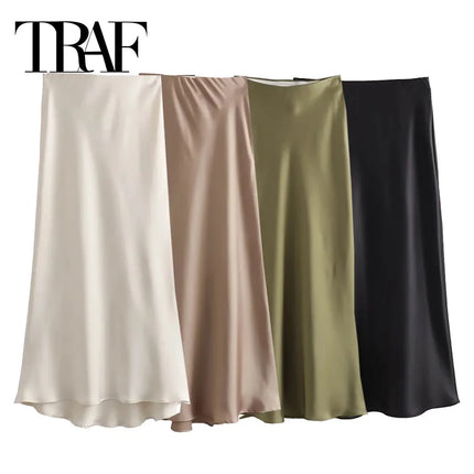 TRAF Satin Skirt 2024 High Waist Midi For Women Office by zapcart