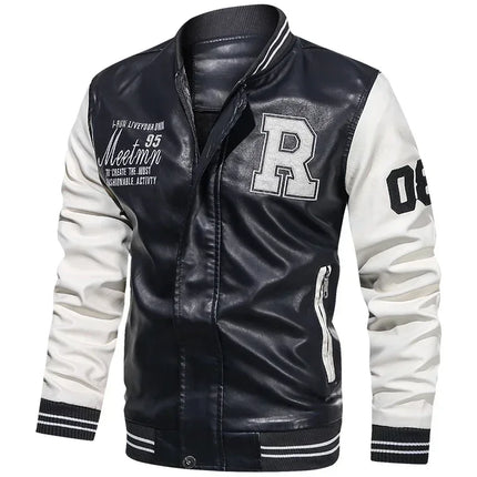 Men PU Leather Jacket Pilot Collar Moto Style Color Block by zapcart