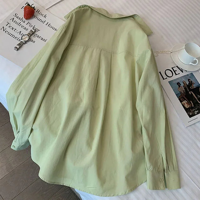 Lucyever Solid Color Long Sleeve Shirt Women SingleBreasted by zapcart