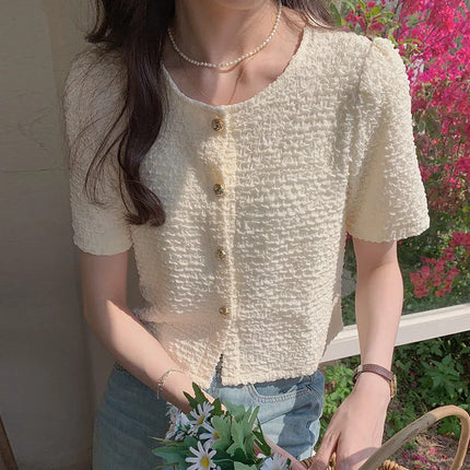 Summer Short Sleeve O Neck Women Blouse White Top Versatile by zapcart