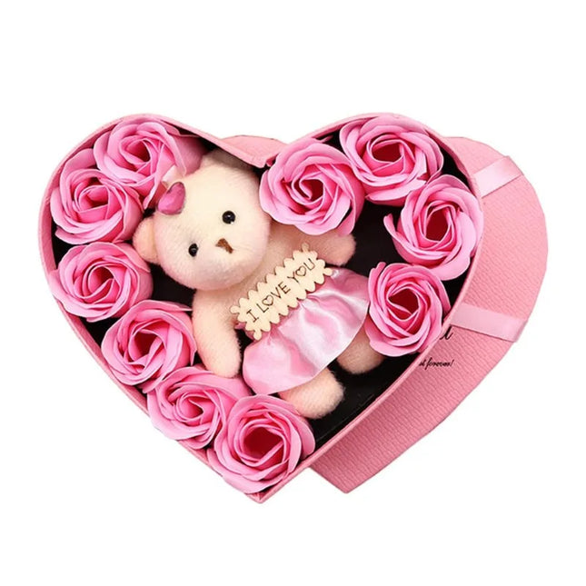 Valentine's Day 10 Floral Rose Artificial Flowers with 1 Bear in Gift Box for Girlfriend Wife Wedding Home Party Decor by zapcart