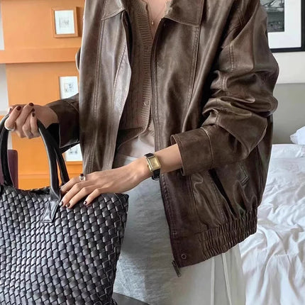 PU Leather Biker Jacket Women Loose Fit Vintage Style by zapcart