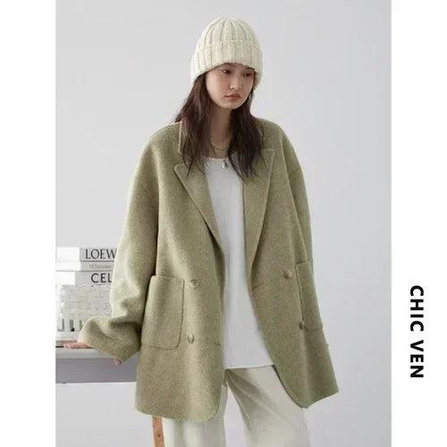 Chic Ven Womens Woolen Coat Double Breasted Office Ready by zapcart