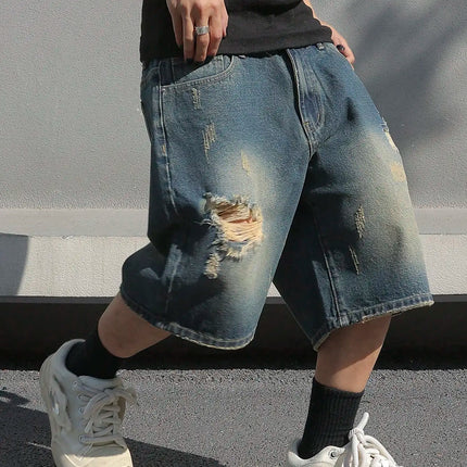 LVCCCI Denim Shorts For Men Baggy Stretch Ripped Knee by zapcart