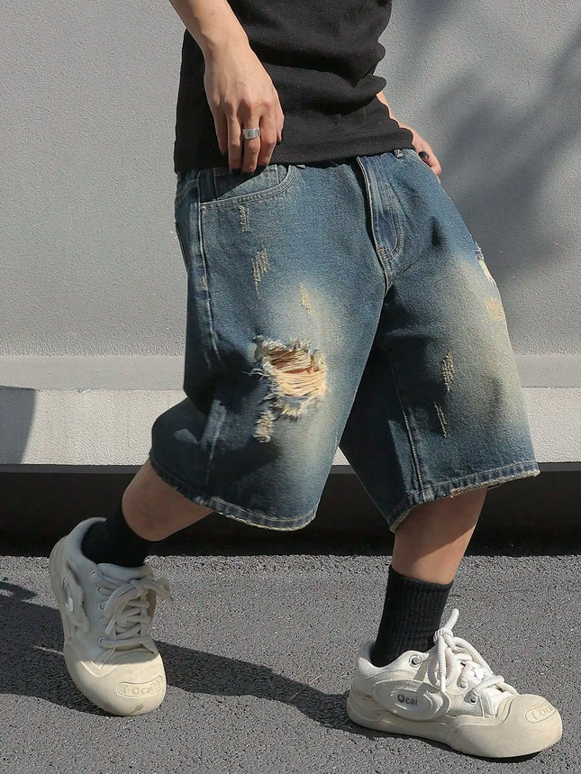 LVCCCI Denim Shorts For Men Baggy Stretch Ripped Knee by zapcart