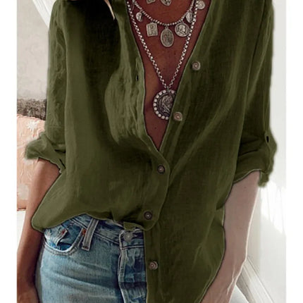 Women Cotton Foldable Sleeves Long Sleeve Top V Neck Button by zapcart