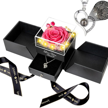 Preserved Real Rose with I love you Necklace 100 Languages Eternal Flowers Rose Gifts for Her Wife Christmas Valentine's Day by zapcart