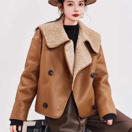 Women's Shearling Leather Jacket Double Breasted Aviator by zapcart