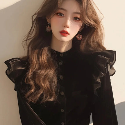 Black Velvet Blouse For Women Ruffled Stand Neck Top by zapcart