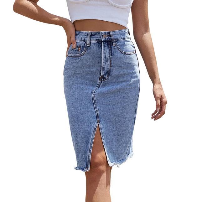 Blue Denim Midi Skirt Front Slit High Waist Pockets Women by zapcart