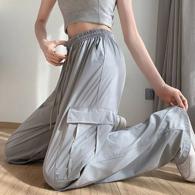 Summer Cargo Pants For Women Ice Silk Wide Leg High Waist by zapcart