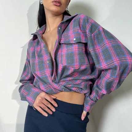 Women Plaid Shirt Oversized Pocket Turndown Collar Blouse by zapcart