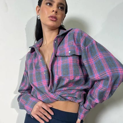 Women Plaid Shirt Oversized Pocket Turndown Collar Blouse by zapcart