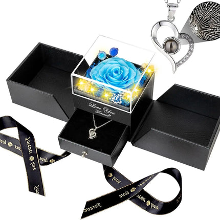 Preserved Real Rose with I love you Necklace 100 Languages Eternal Flowers Rose Gifts for Her Wife Christmas Valentine's Day by zapcart