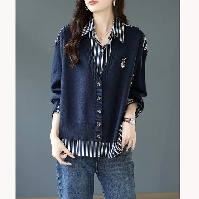 Women Striped Shirt Faux Layer Two Piece Blouse Casual Chic by zapcart
