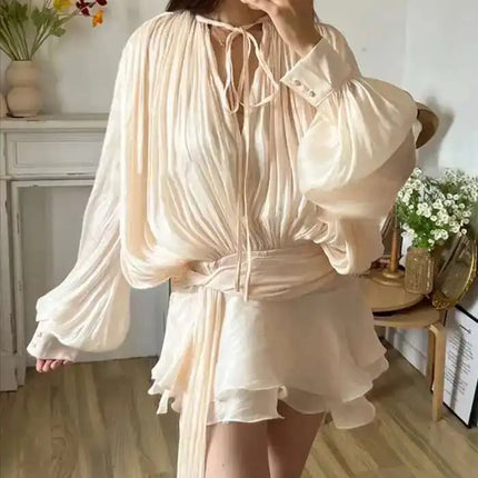 Beige Lace Up Mini Dress For Women P7WI V Neck Long Sleeve by zapcart
