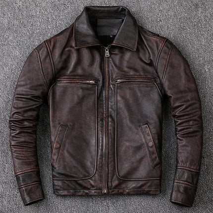 Men's Genuine Cowhide Leather Jacket Vintage Motorcycle by zapcart