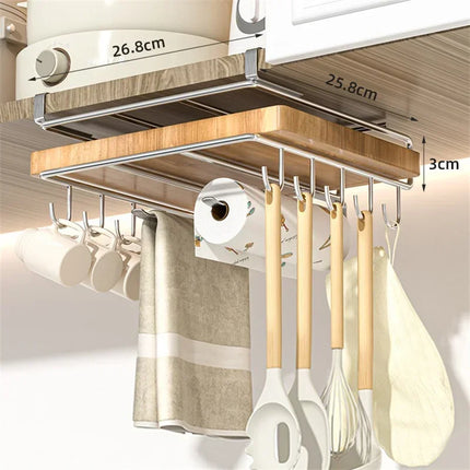 Stainless steel Kitchen Hanging Organizer Rack with Hooks Paper Towel Rag Hanging rack Cutting Board Pot Cover Storage Shelf by zapcart