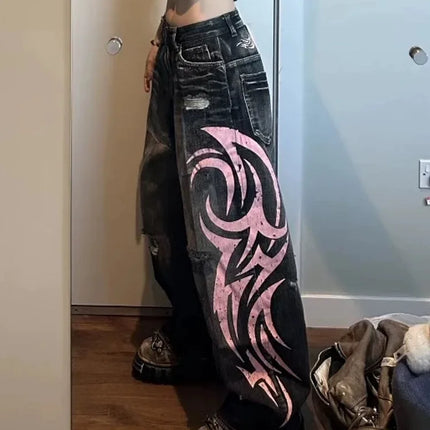 Cyber Y2K Streetwear Graphic Baggy Ripped Jeans For Women by zapcart