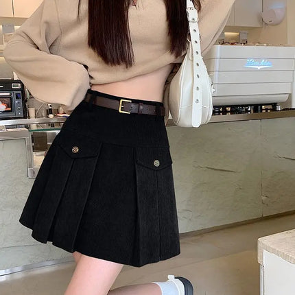 Corduroy Pleated Skirt Women High Waist Slimming Retro by zapcart