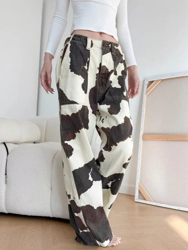 Ropa Y2K Cow Pattern Baggy Jeans For Women Cotton Denim by zapcart