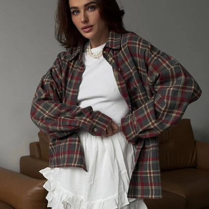 Clacive Plaid Shirt For Women Vintage Lapel Long Sleeve by zapcart