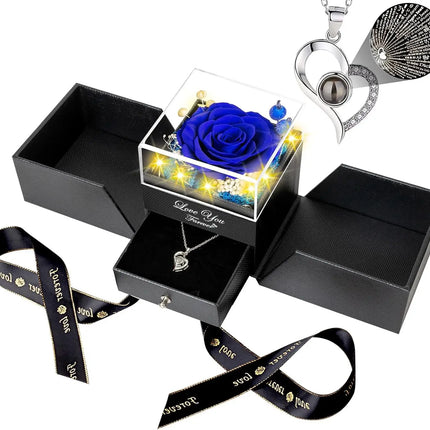 Preserved Real Rose with I love you Necklace 100 Languages Eternal Flowers Rose Gifts for Her Wife Christmas Valentine's Day by zapcart