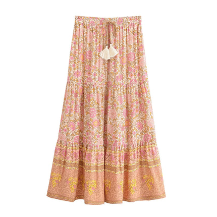 Boho Queens Pink Floral Maxi Skirt For Women Beach Vacation by zapcart