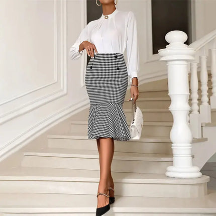 Houndstooth Knee Length Skirt Women High Waist Chic Slim by zapcart