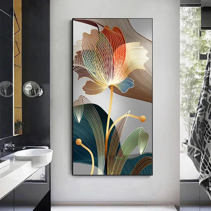Abstract Flower Canvas Painting Golden Lines Living Room by zapcart