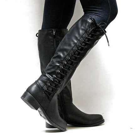 YBQJOO Women Winter Boots Leather Knee High Lace Up by zapcart