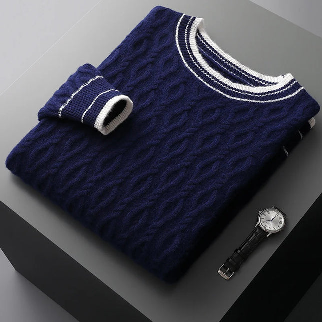 Mens Striped Wool O Neck Sweater Thick Knit JGJOMFHGCN by zapcart