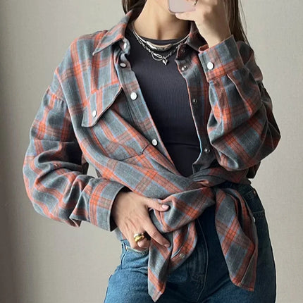 Women Plaid Shirt Oversized Pocket Turndown Collar Blouse by zapcart