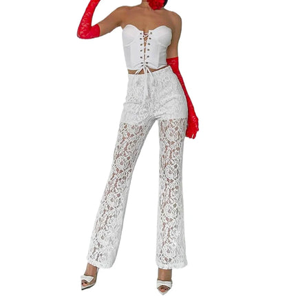 Women's Sexy High Waisted Wide Leg Pants Elastic Waist Lace by zapcart