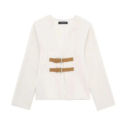 Trafza Women Leather Buckle Woolen Coat Beige Chic Warmth by zapcart
