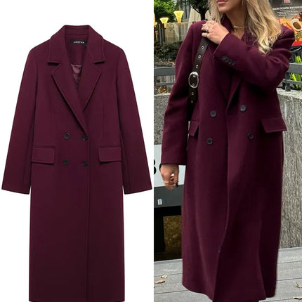 Trafza Women Wool Coat Double Breasted Burgundy Warmth by zapcart