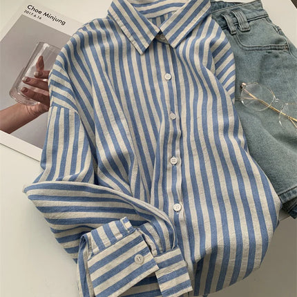 Blue Linen Striped Shirt for Women Summer Sun Blouse by zapcart