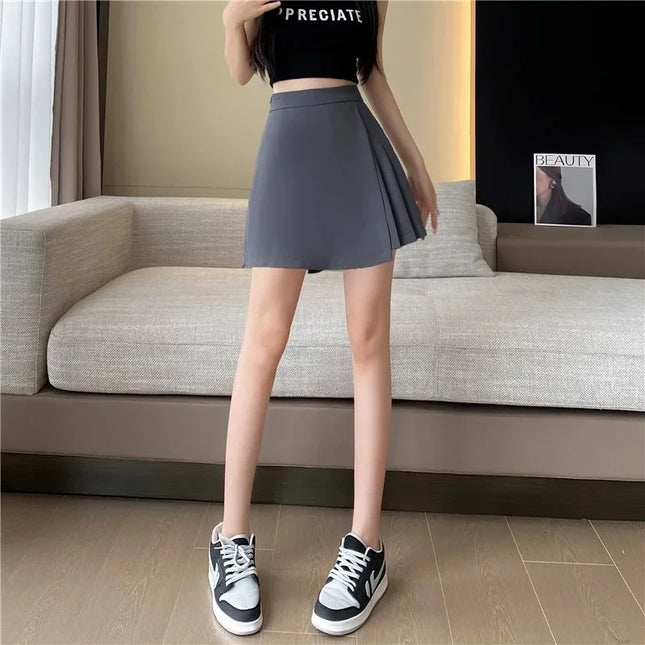 Gray Pleated Asymmetrical Skirt For Women High Waist Office by zapcart
