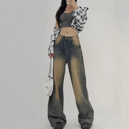 Retro Washed Wide Leg Jeans High Waist For Young Women by zapcart