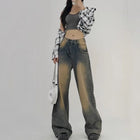 Retro Washed Wide Leg Jeans High Waist For Young Women by zapcart