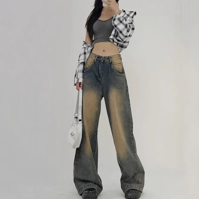 Retro Washed Wide Leg Jeans High Waist For Young Women by zapcart