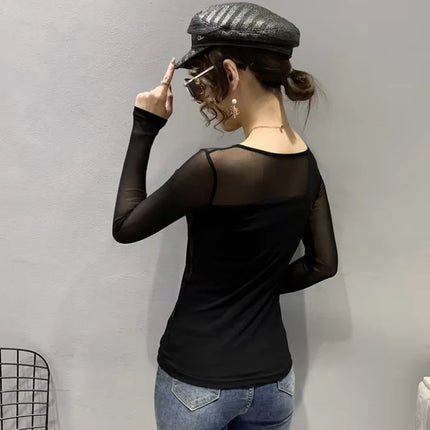 Women Mesh Round Neck Top Long Sleeve Slim Fit Autumn Chic by zapcart