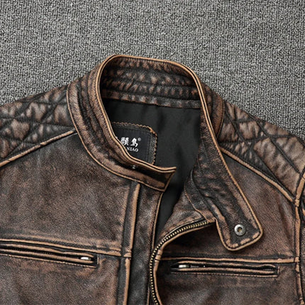 Mens Vintage Cowhide Motorcycle Jacket Stand Collar Biker by zapcart