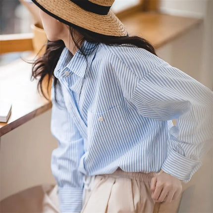 Maden Women's Plus Size Oversized Blue White Striped Blouse by zapcart